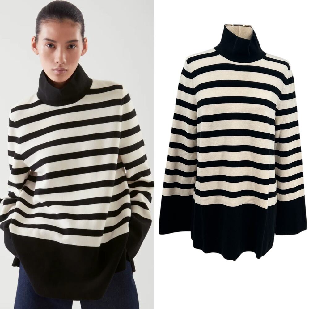COS A-Line Roll Neck Top Sweater‎ Striped Black Cream Size Small